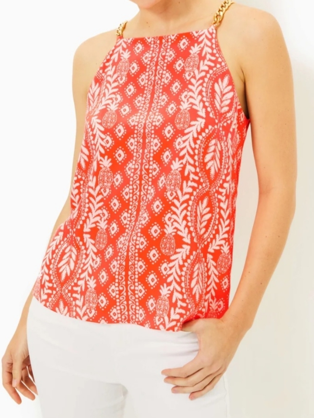 Lilly Pulitzer Orange and White Halter Tank with Gold Chain Straps